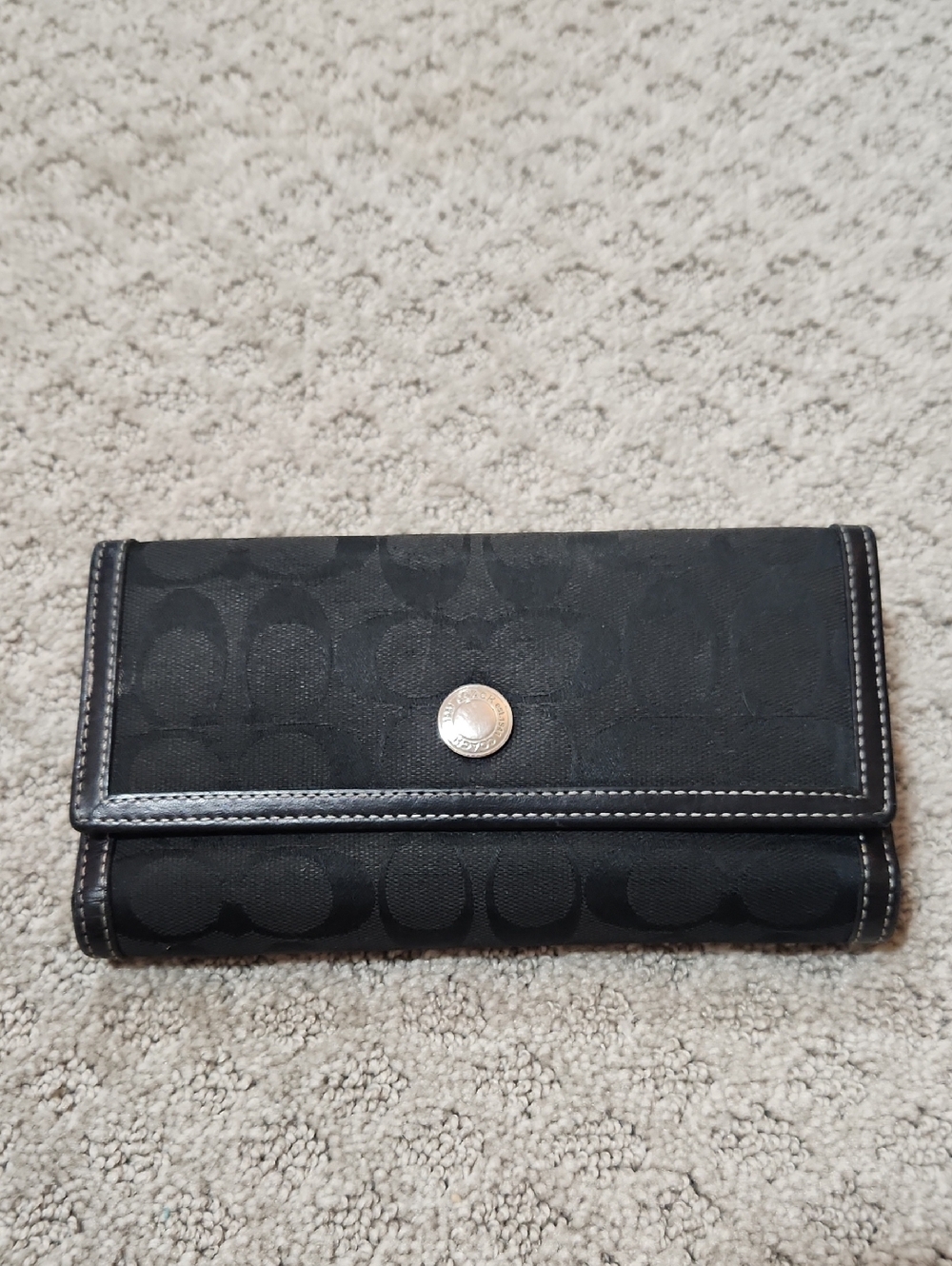 Coach Black Signature C Logo Patterned Trifold Wallet